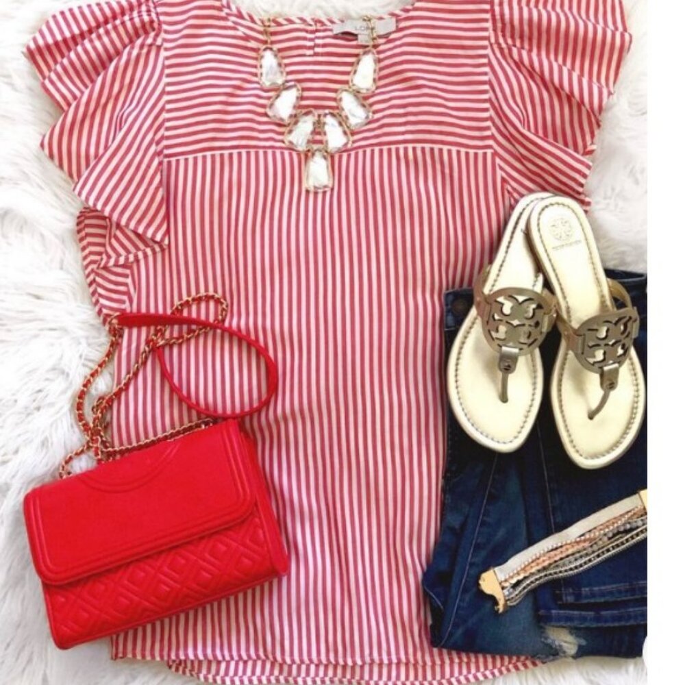 LOFT Red and White Stripe Ruffle Sleeve Shirt Size Petite XXSP